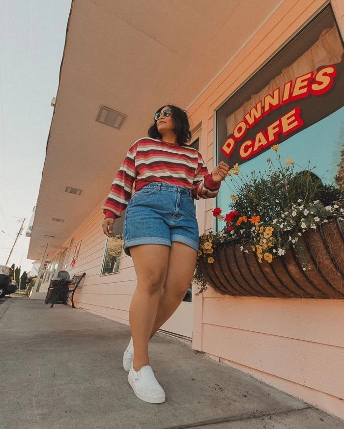 denim shorts red brown white striped long sleeved blouse white sneakers clothes for teenage girls worn by girl with black hair