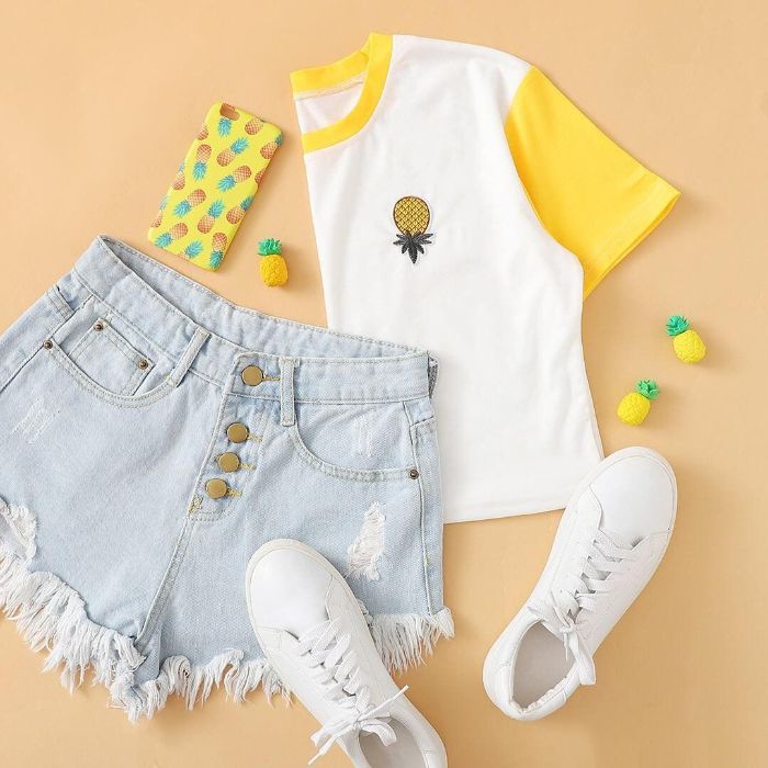 denim shorts white and yellow crop top white sneakers cute clothes for teenage girl pineapple phone case