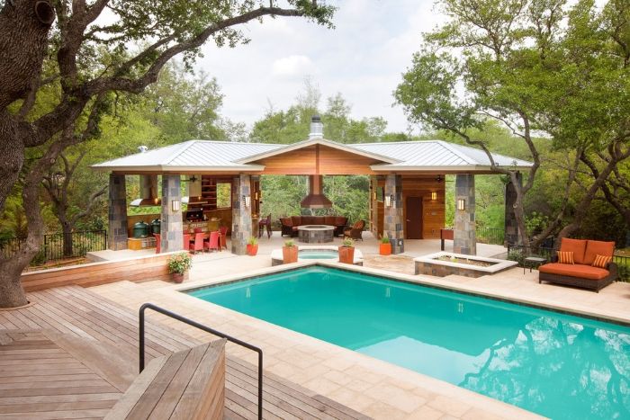 dining area outside kitchen next to backyard pool ideas garden furniture with orange cushions