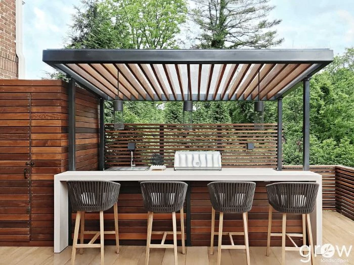 enclosure made of wood outdoor bar ideas island made of wood with white countertop four black stools in front