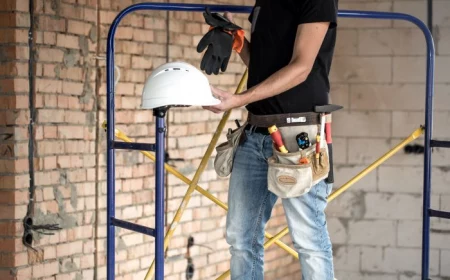 home remodeling builder handyman with construction tools in bag around his waist