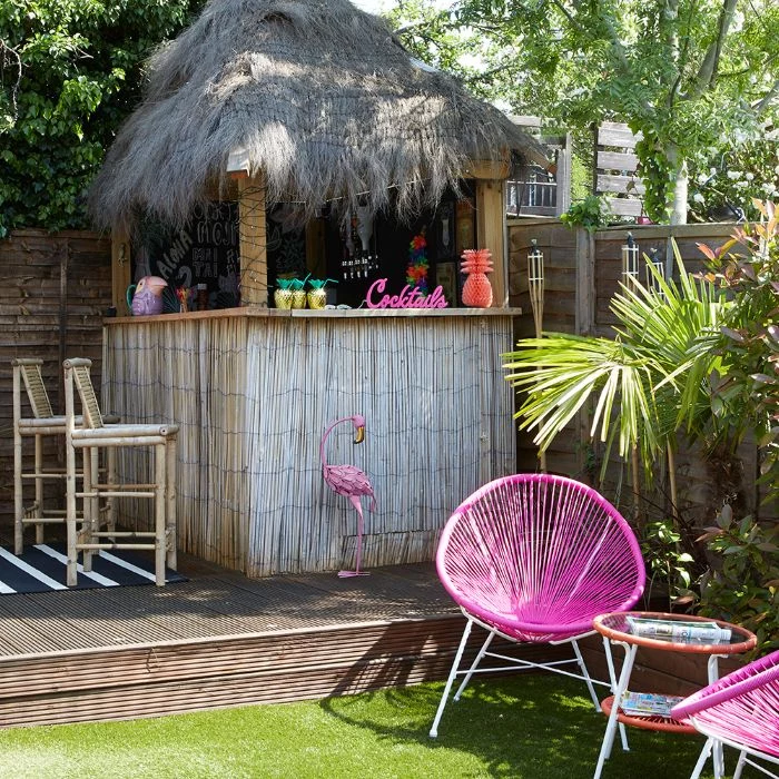 how to build an outdoor bar tiki bar with bamboo different decorations flamingo pineapples hawaii style