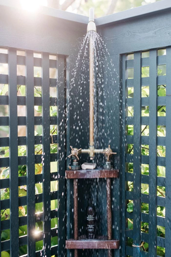 how to build an outdoor shower brass vintage pipes and faucet black wood enclosure