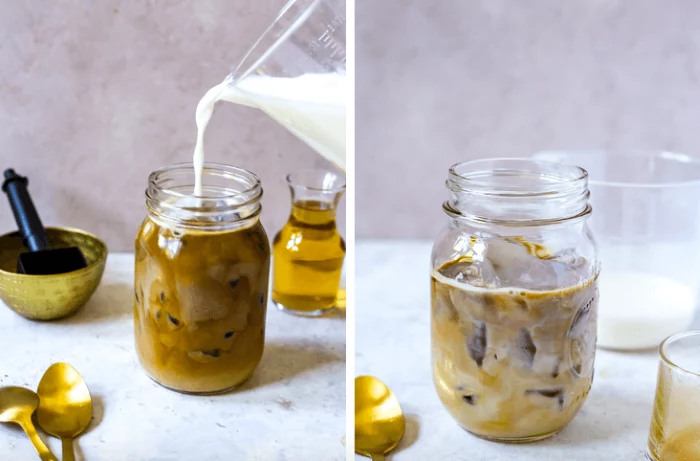 how to make cold brew coffee side by side photos of=mason jar filled with coffee milk being poured into it