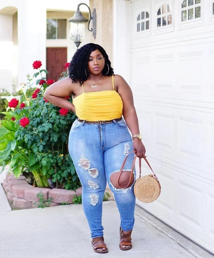 jeans yellow top worn by woman with black hair cute outfits for teen brown leather sandals