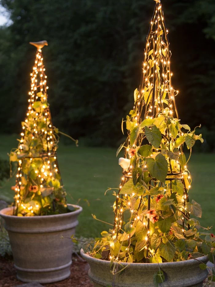 outdoor hanging lights two planters with poison ivy metal construction around it wrapped with fairy lights