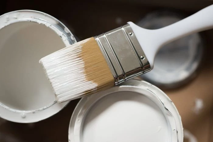 paintbrush dipped in white paint lead poisoning placed on two buckets of white paint