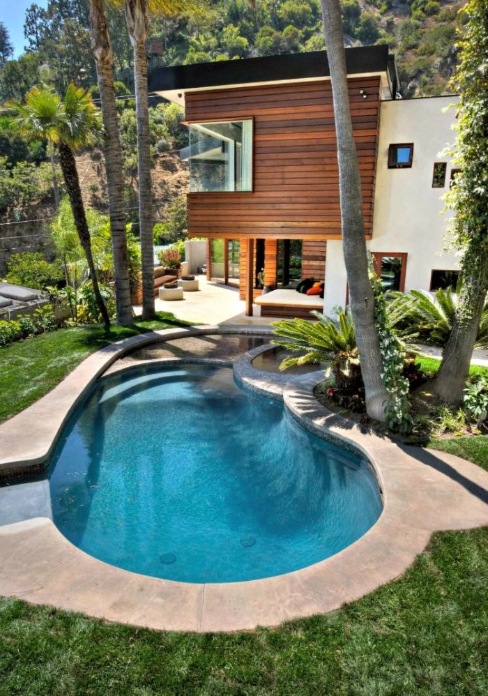 palm trees and bushes in back yard small inground pools free flow pool with wooden lounge bed