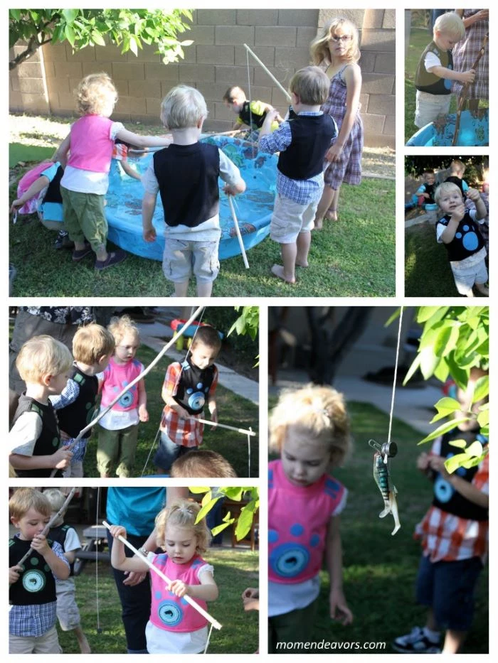 photo collage of lots of kids fishing in a kiddie pool with plastic fish bait fun games to play outside