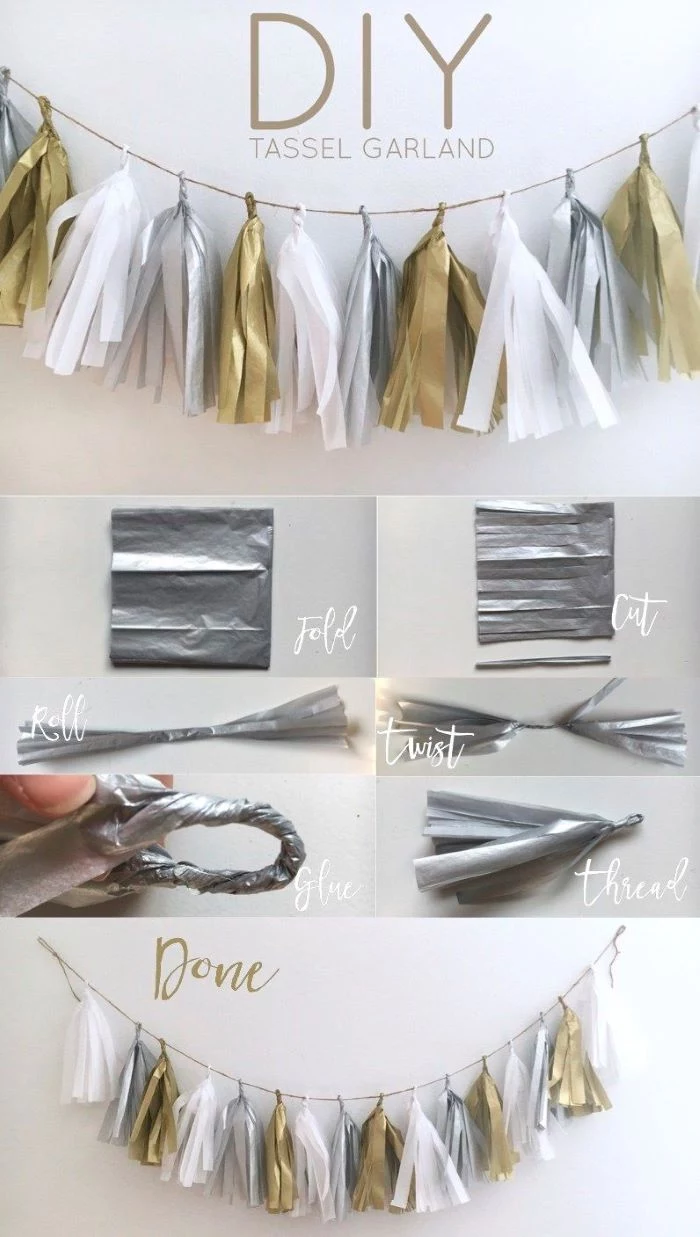 photo collage of step by step diy tutorial baby shower centerpiece ideas how to make tassel garland