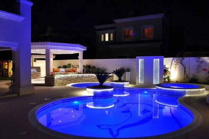 round pool with led lights jacuzzi dolphin figure on the floor backyard swimming pool gazebo with garden furniture