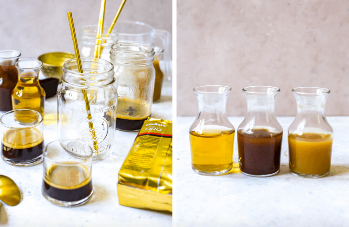 side by side photos of mason jars glasses with coffee how to make cold brew coffee three pitchers with different ingredients