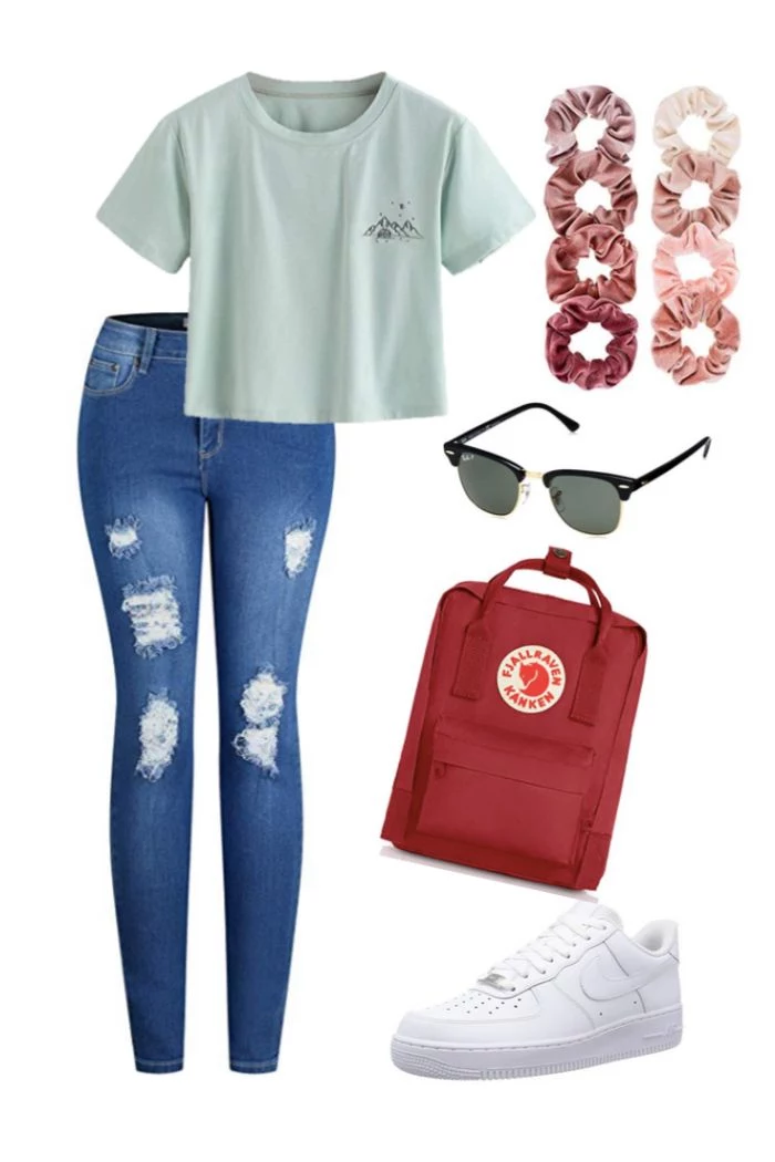 skinny jeans gray crop top white air force ones cute dresses for teens red backpack sunglasses scrunchies