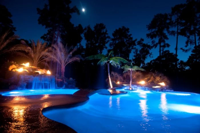 small backyard pool ideas free flow pool with lots of lights palm trees around it