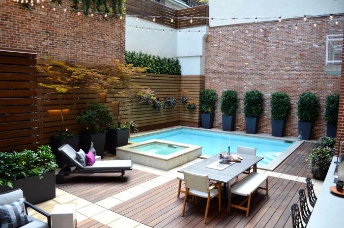 small pool in backyard of balcony small inground pools lounge chairs and dining table on wooden floor