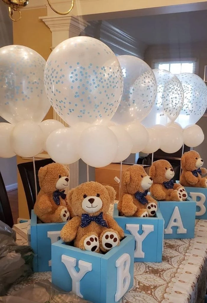 teddy bear inside baby block holding white balloons boy baby shower decorations centerpiece