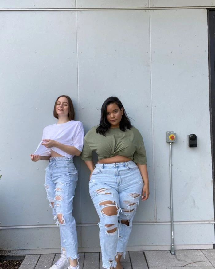 two girls posing cute outfits for teenage girl wearing ripped jeans t shirts sneakers