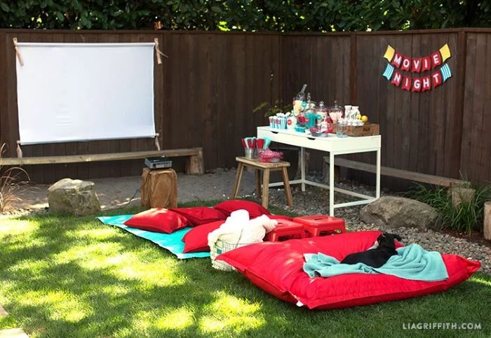 what to do outside diy movie screen red mattress and throw pillows on the floor candy bar