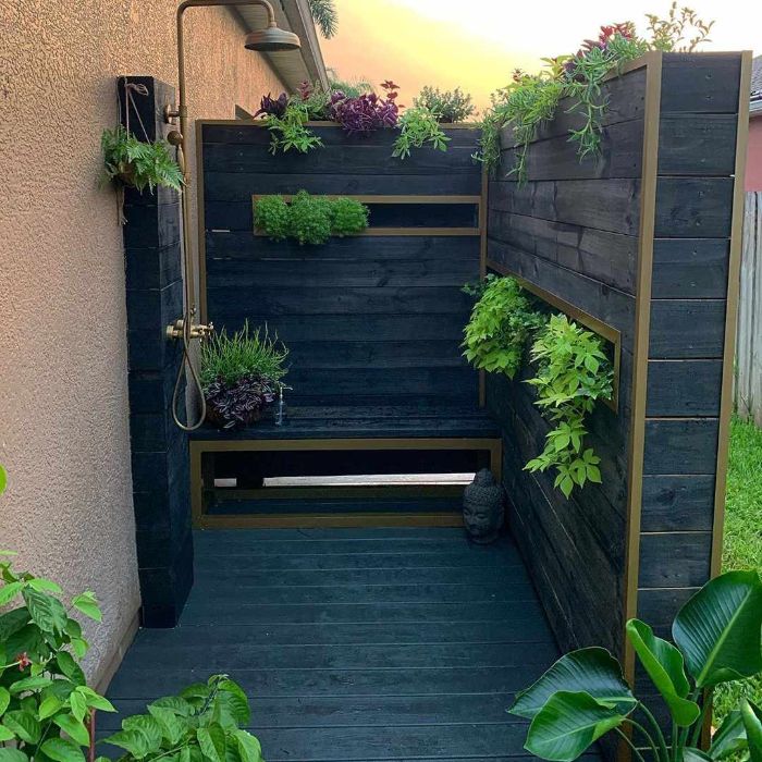 wood enclosure with built in shelves for plants diy outdoor shower enclosure black wood