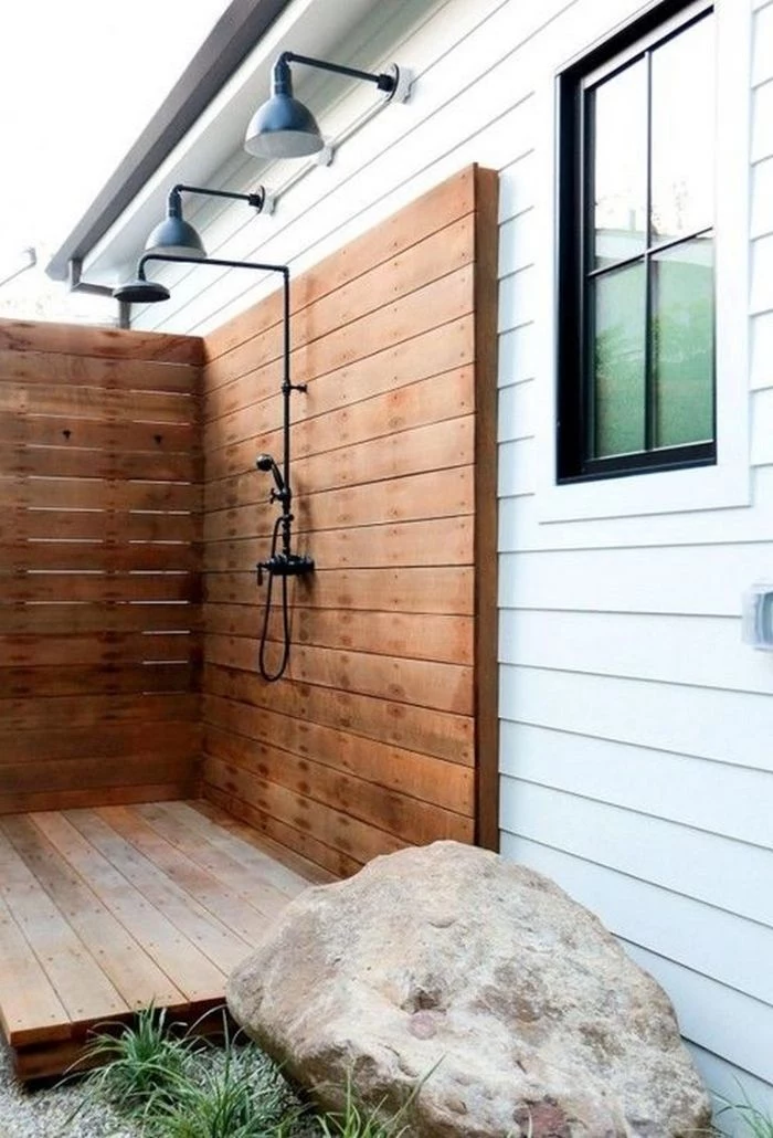 wood walls and floor in enclosure with lights above outdoor shower ideas black shower mounted