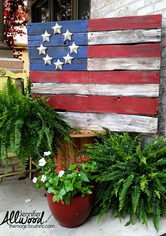 american flag made of wooden pallet with silver stars 4th of july outdoor decorations