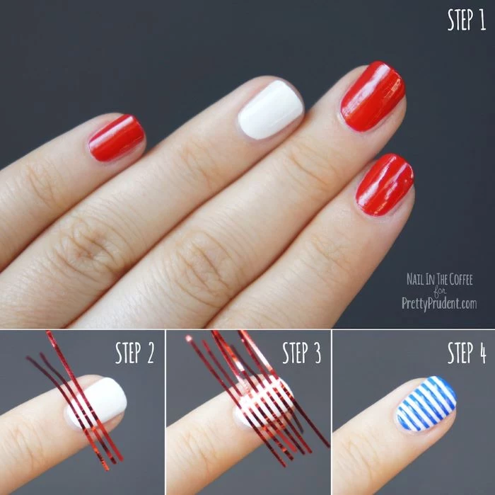 american flag nails step by step diy tutorial white and red nail polish blue stripes