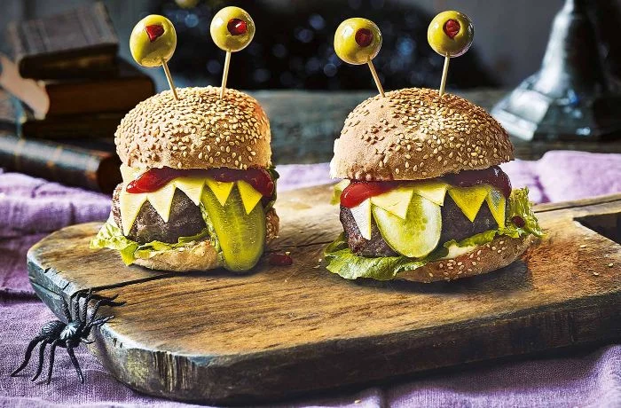 halloween burgers how long to grill burgers spooky with olives pickles cheese ketchup