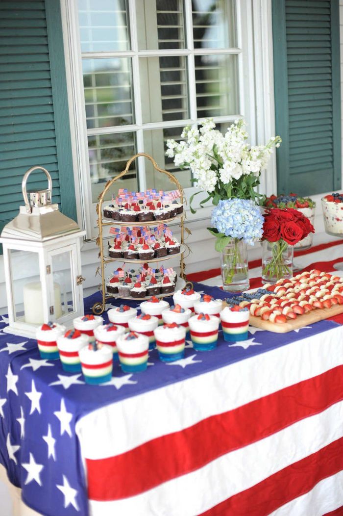 american flag table cloth on desserts table 4th of july wreath cupcakes mousse flowers on the table