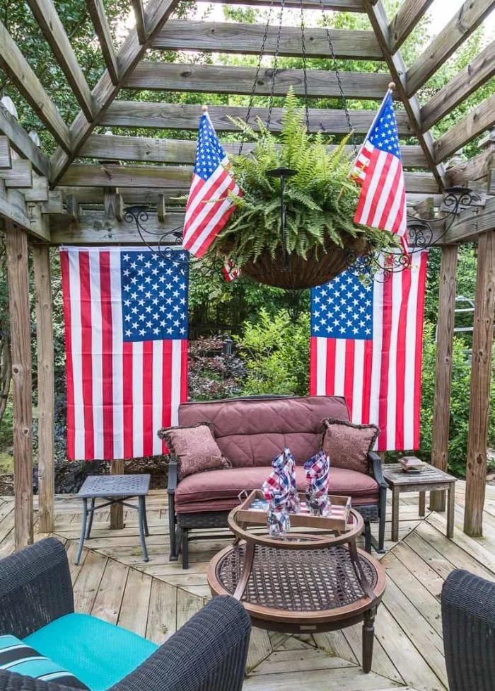 american flags hanging on both sides of sofa fourth of july decorations backyard decorations