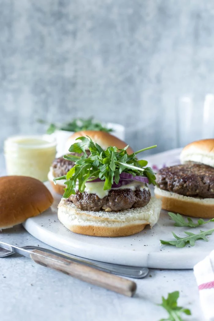 arugula onion on top of patty with melted cheese how long to cook burgers spiced lamb burger