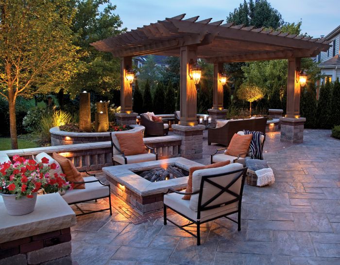 backyard fire pit ideas four chairs around it with white cushions orange throw pillows