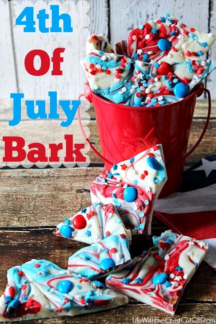 bark made of white chocolate with red blue swirls red white and blue desserts decorated with red blue m and ms