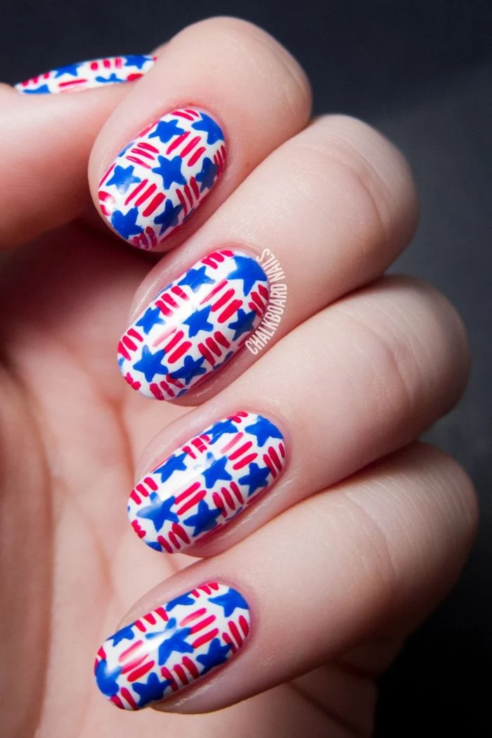 basket weave decoration with blue stars red stripes fourth of july nail designs short squoval nails
