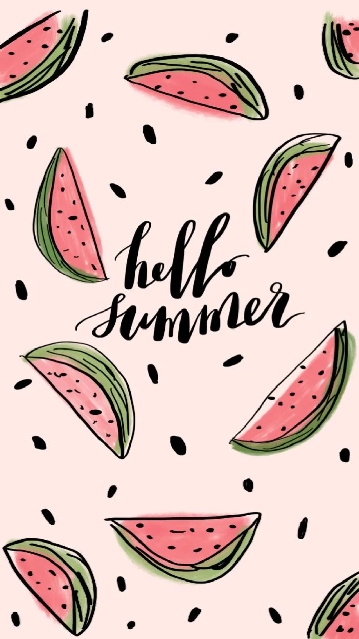 beach aesthetic wallpaper hello summer written in black surrounded by watercolor watermelon drawings