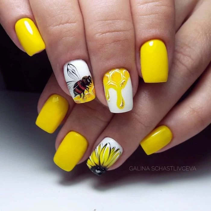 bee honey sunflower decorations on medium length square nails bright summer nails yellow nail polish