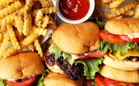 best burger recipe lots of burgers arranged on platter with french fries ketchup