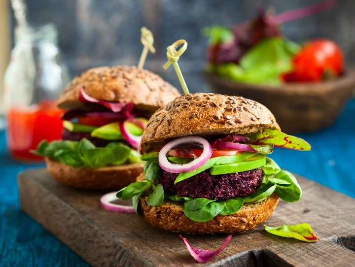 best hamburger recipe two vegan burgers with beets and quinoa tomatoes peppers spinach onions