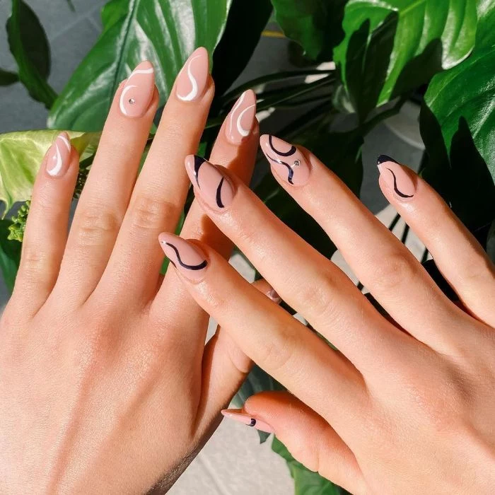 black and white lines on nude nail polish cute nail designs medium length almond nails