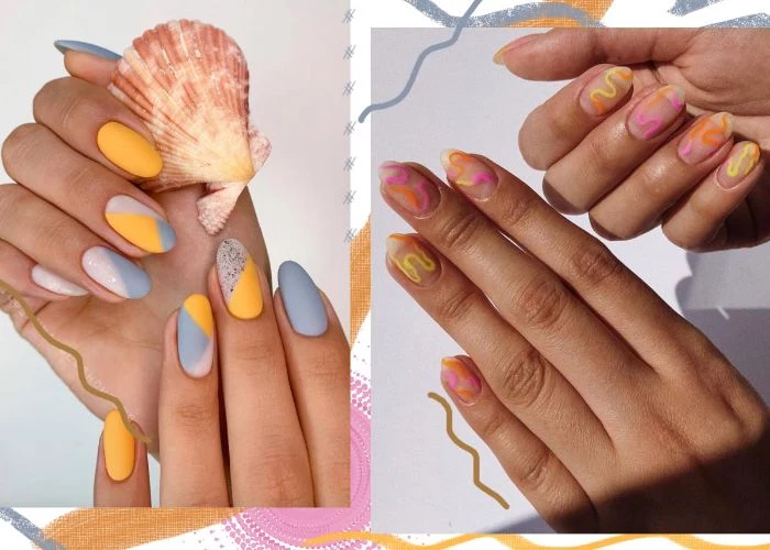 blue and yellow geometrical nail polish bright summer nails orange pink yellow abstract manicure