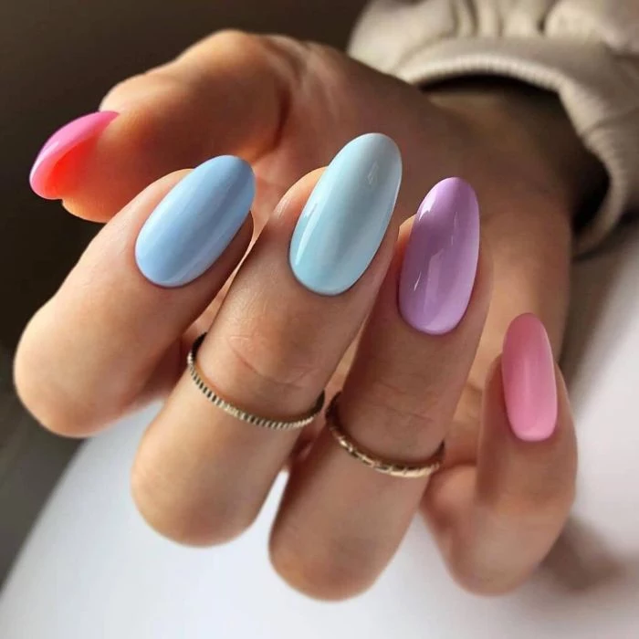 blue purple pink almond nails summer nail designs 2021 different nail polish on each finger