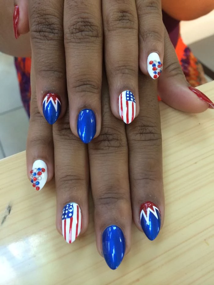 blue white red nail polish 4th of july nail art american flag decorations rhinestones