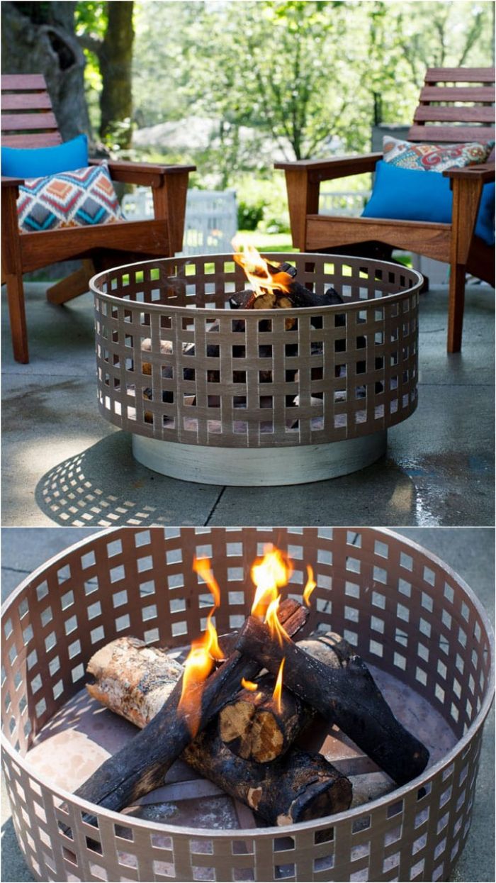 bowl made of metal fire burning inside diy fire pit ideas two lounge chairs next to it