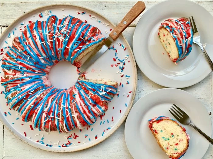 bundt cake decorated with red white blue frosting 4th of july food ideas placed on white plate