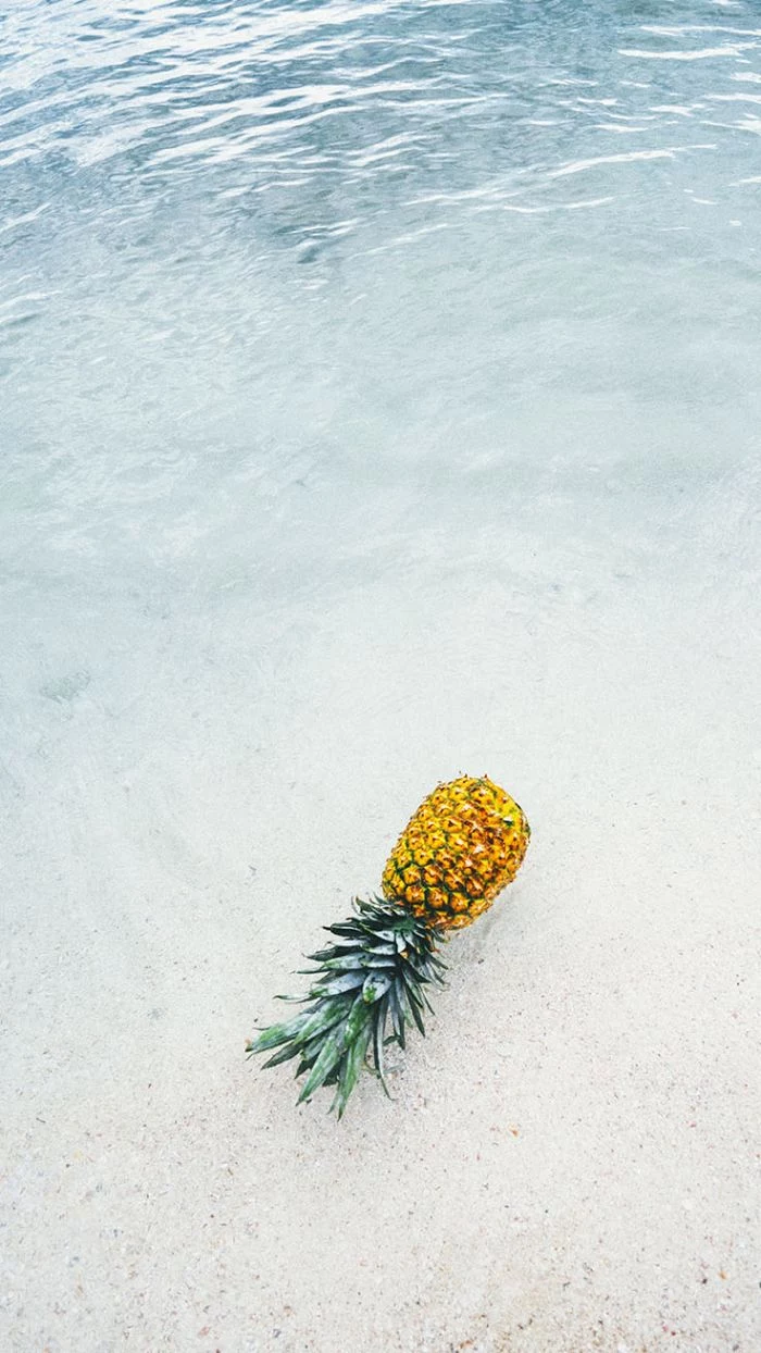 close up photo of pineapple beach aesthetic wallpaper laying on the beach in the water