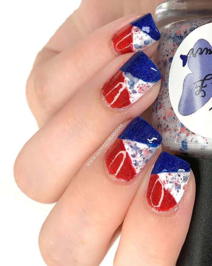 color block in red white and blue 4th of july nail art watercolor dots on each nail stars
