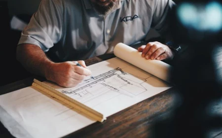 construction business ideas man sitting at table architect plans in front of him