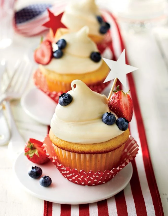 cupcakes decorated with blueberries strawberries 4th of july recipes small stars on top