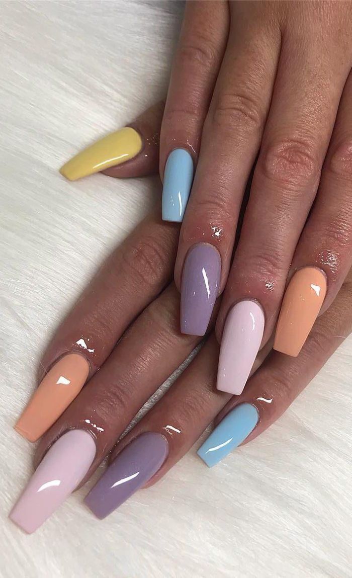 different color on each nail cute acrylic nail ideas long coffin nails with blue purple orange yellow nail polish