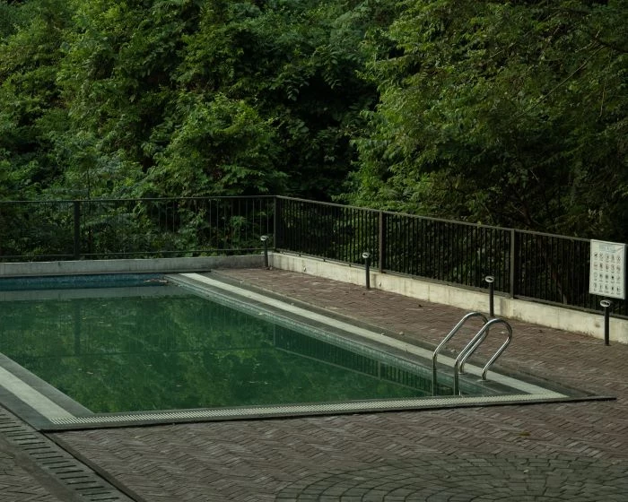 dirty pool with ladder installing a swimming pool surrounded by tiled floor with fence trees around it