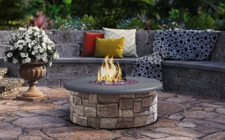 fire burning in round outdoor fire pit ideas made of stone next to bench with throw pillows blanket